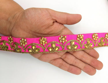 Fuchsia Silk Fabric Lace Trim Floral Embroidery & Indian Stones Kundan Embellishment, Decorative Sari Trim, Floral Border Trim By Yard